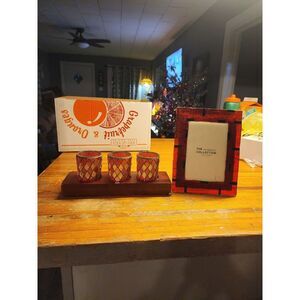 Vintage Red Mosaic Glass Votive‎ Holder Set And Photo Frame